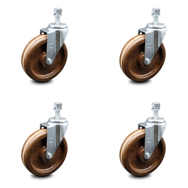 6 Inch High Temp Phenolic Wheel Swivel 1/2 Inch Threaded Stem Caster Set SCC